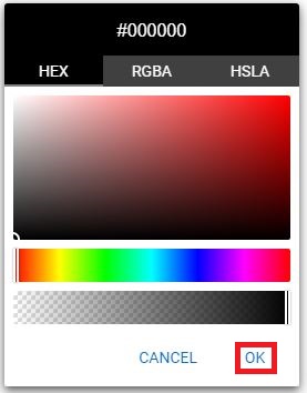 Choisir une couleur avec la pipette ou son code exact HAX, RBBA ou HSLA