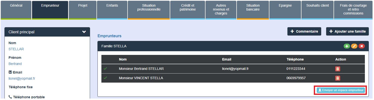 Bouton permettant l'envoi de l'espace emprunteur au client