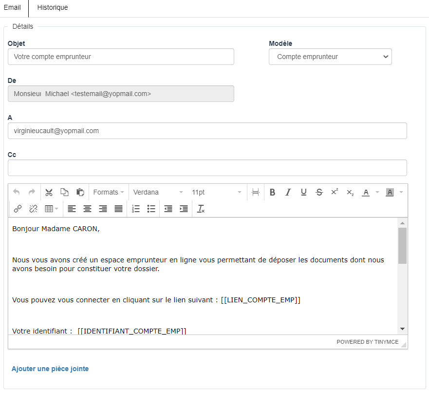 Modèle de l'email d'envoi d'un compte emprunteur