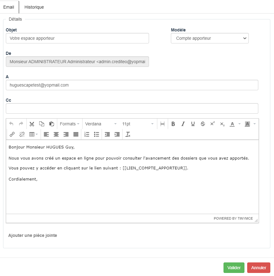 Contenu de l'email de l'espace apporteur (utilisation du modèle préenregistré) Envoi par email de l'espace apporteur