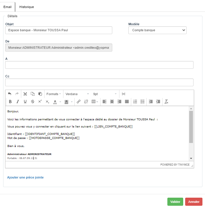 Envoi de l'espace banque par email au partenaire bancaire Envoi de l'espace banque par email au partenaire bancaire